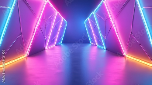 Neon light display futuristic hallway digital art urban environment symmetrical view neon aesthetics