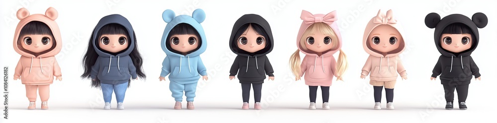 Fototapeta premium Cute chibi-style characters with long hair and bows on their heads