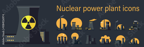 Nuclear Power Plant Icon Set Industrial Energy Building
