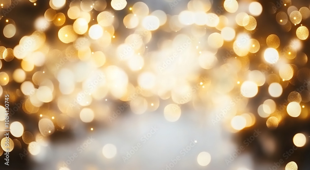 Obraz premium Abstract white and gold blurred background with bokeh lights. 