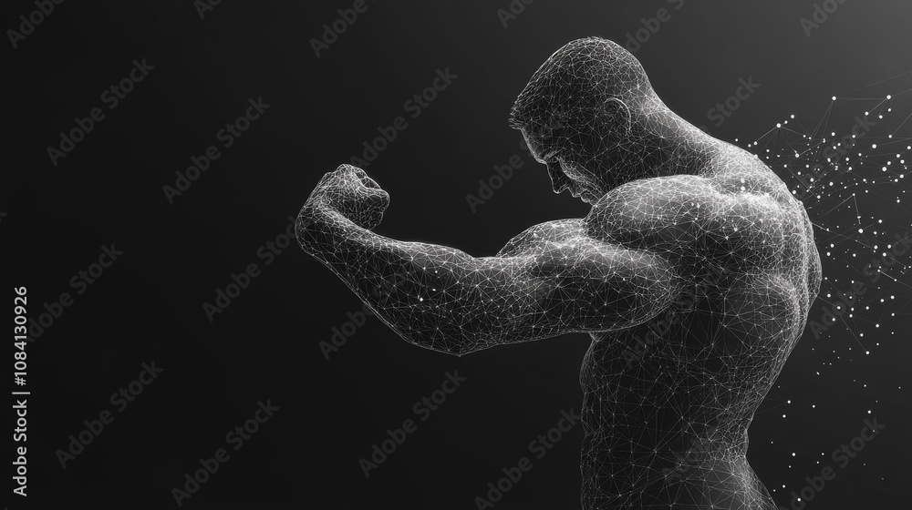 Obraz premium Human power low poly wireframe banner template. Polygonal physical strength, strong bodybuilder, athlete body mesh art illustration. 3D male hand muscles, flexed biceps with connected dots 
