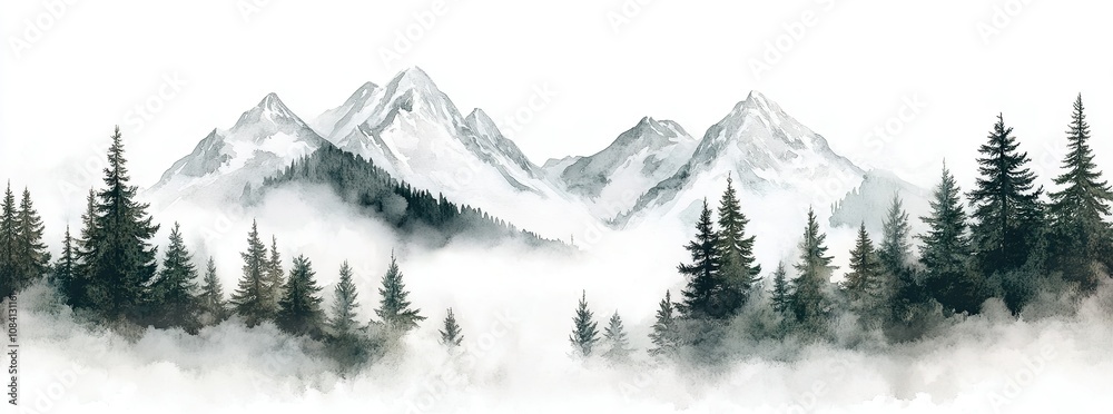 Fototapeta premium Mountains with snow-covered peaks and evergreen trees in the mist