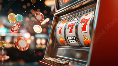 Close-up of a slot machine displaying triple sevens, with casino chips in mid-air, bokeh background. photo