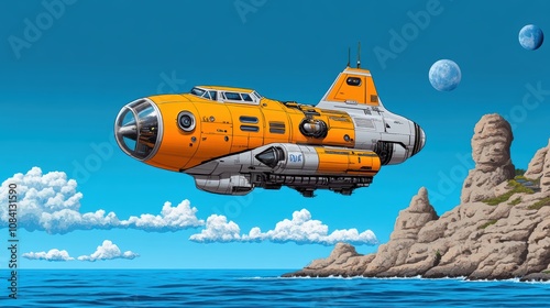 Futuristic Spaceship Flying Over Ocean Island Sci Fi Artwork photo