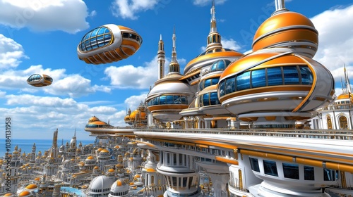 Futuristic Cityscape Flying Vehicles Ocean View Architectural Wonders photo