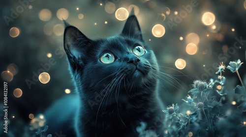 Enchanting Black Cat Gazing at Glowing Lights in a Mystical Garden Setting with Dreamy Atmosphere