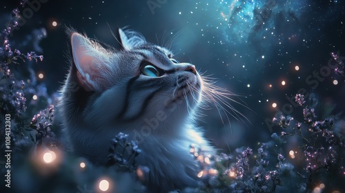 Enchanting Cat Gazing at Starry Night Sky Surrounded by Glowing Flowers in a Mystical Garden