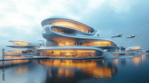 A tranquil and futuristic waterside complex, featuring advanced architecture and aerial transport.