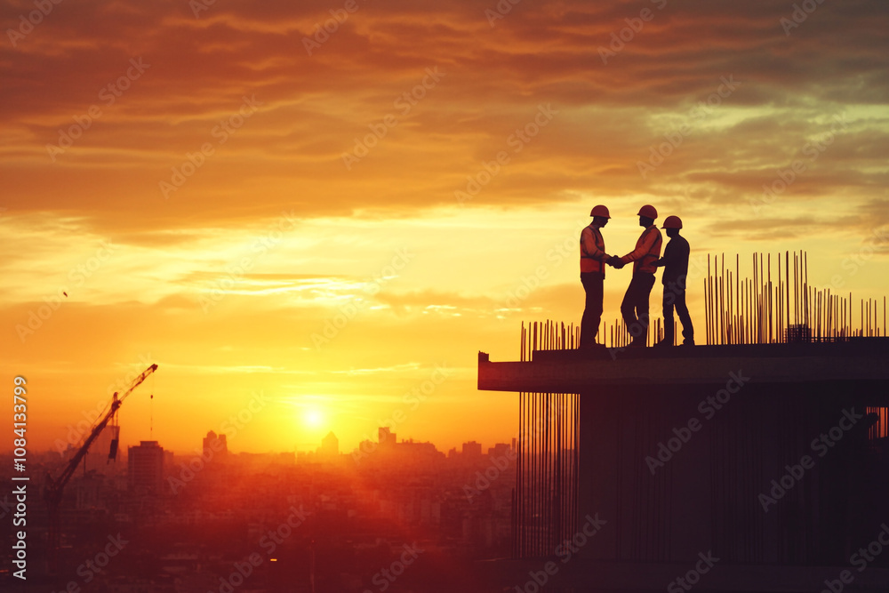 Fototapeta premium Silhouette of a construction worker working on top of a building at sunset.