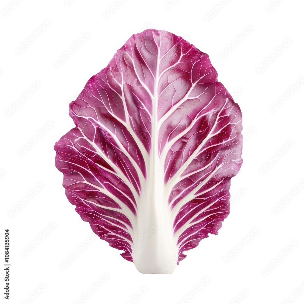 Obraz premium A vibrant, fresh leaf of radicchio showcasing its deep purple color and striking white veins.