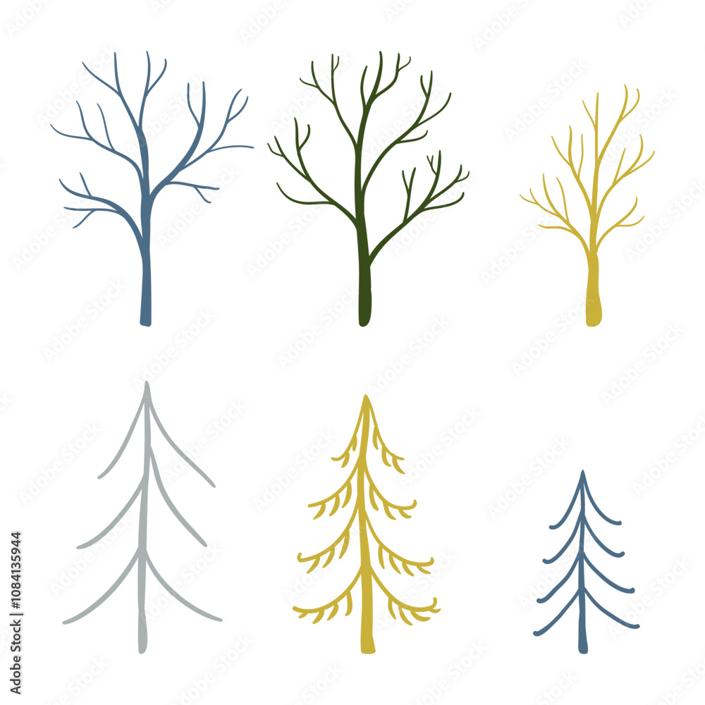 Fototapeta premium A set of doodle trees and pines. Scandinavian-style decor for children's clothes. poster with trees
