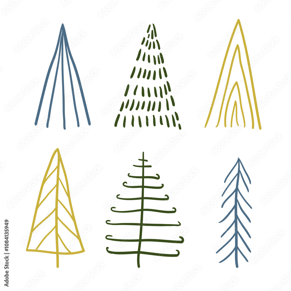 Obraz premium A set of festive stylized Scandinavian-style Christmas trees. cute forest decor. children's poster