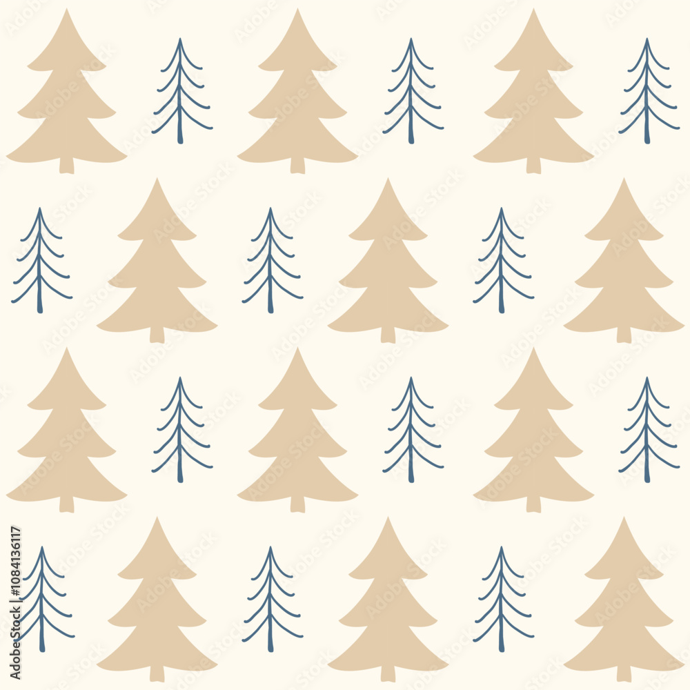 Fototapeta premium beige fir trees on a light background painted by hand. cute naive festive forest print