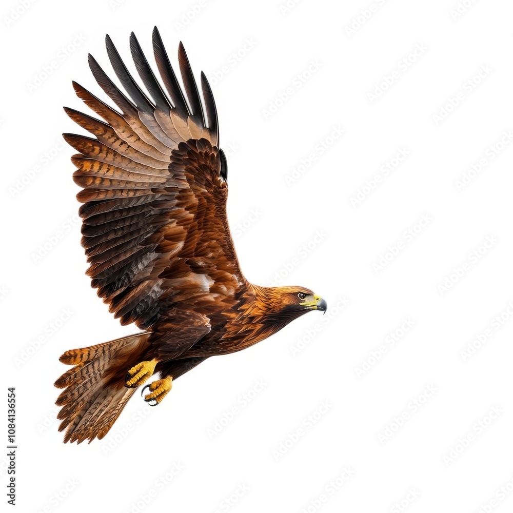 Fototapeta premium A majestic golden eagle soaring gracefully in flight, showcasing its powerful wings and striking plumage against a white background.