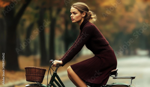 Woman in Burgundy Outfit Cycling Through Overgrown Park with Muted Autumn Colors in Warm Soft Light