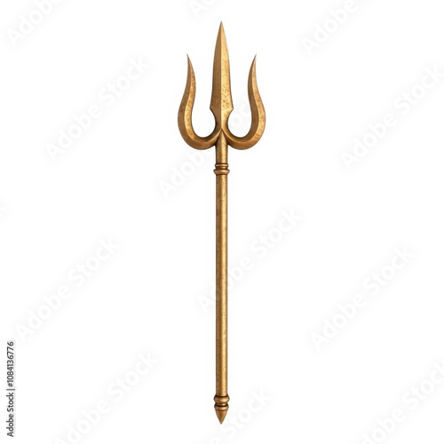 A golden trident, featuring three sharp prongs, symbolizes power and authority in various mythologies. photo