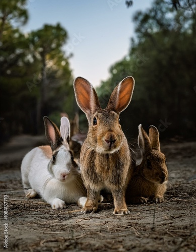 Familia de conejos en el bosque photo