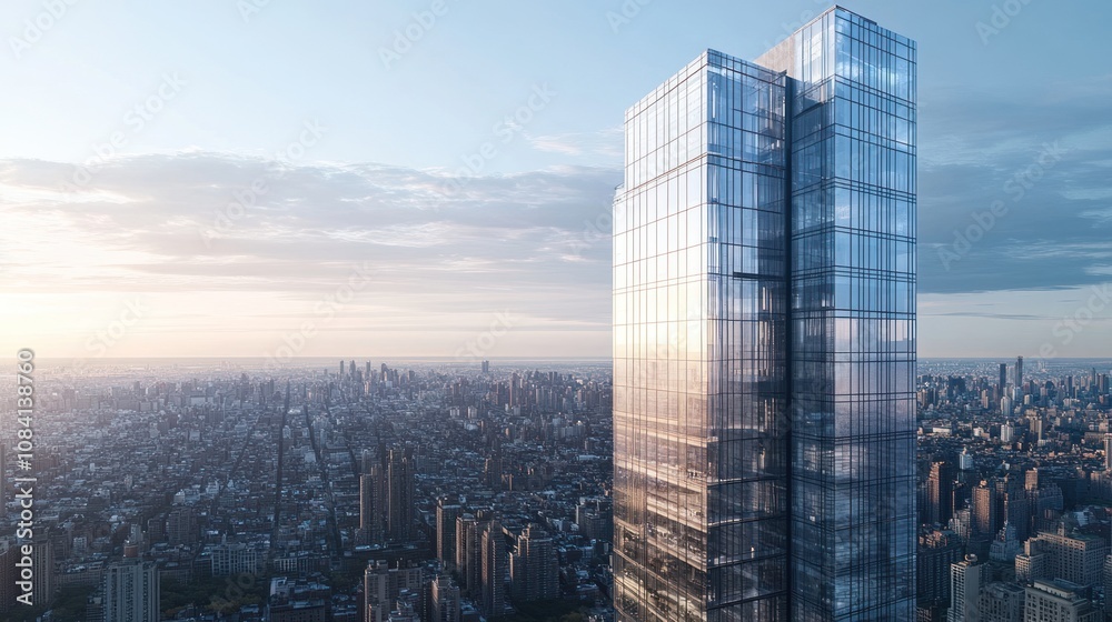 Fototapeta premium A panoramic top view of a skyscraper with exposed steel architecture and glass panels, contrasting with the surrounding city grid