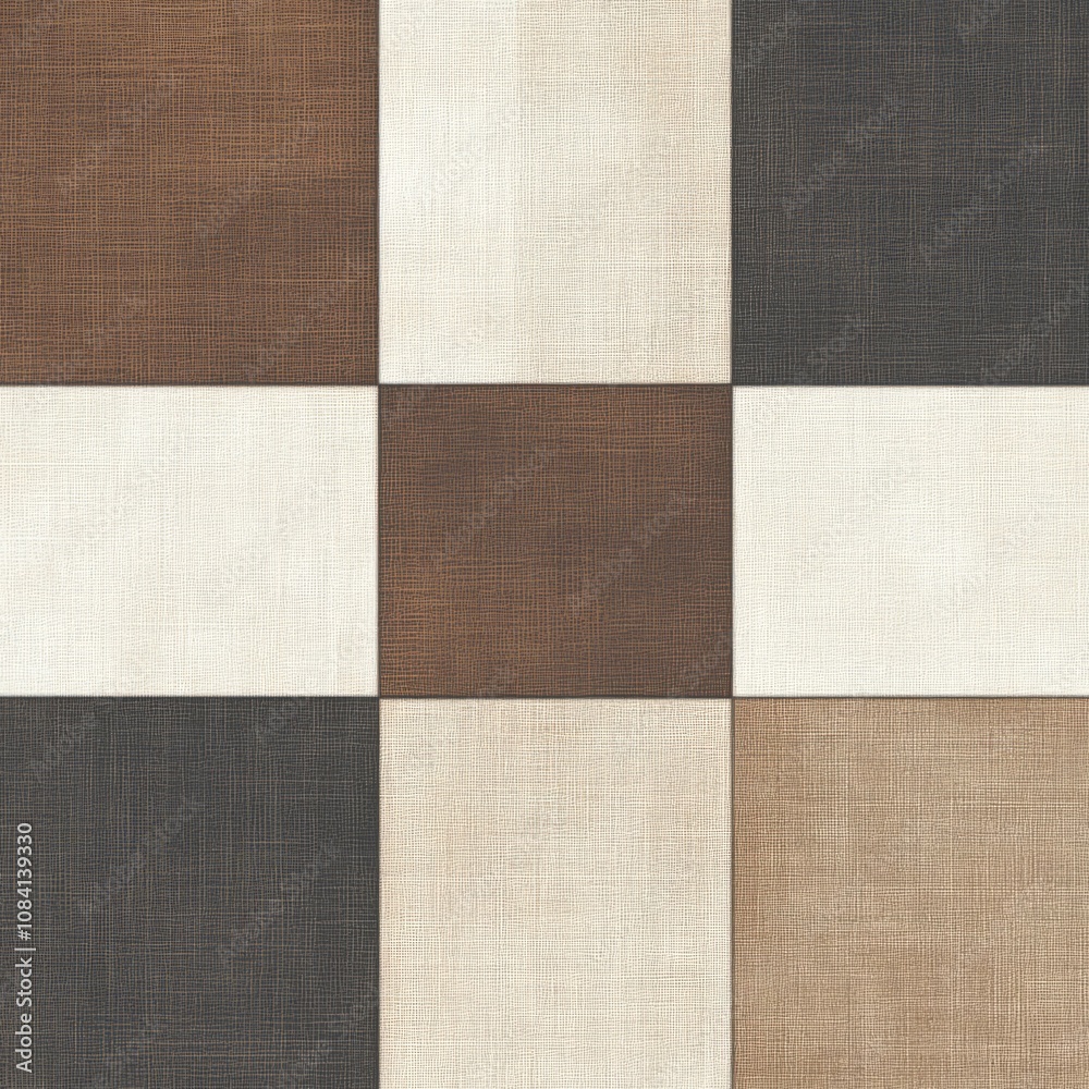Fototapeta premium Seamless pattern of brown, beige, and gray squares with a subtle linen texture.