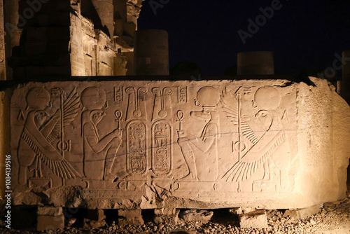 ancient egyptian hyeroglyphs in Kom Ombo temple at night, Egypt photo