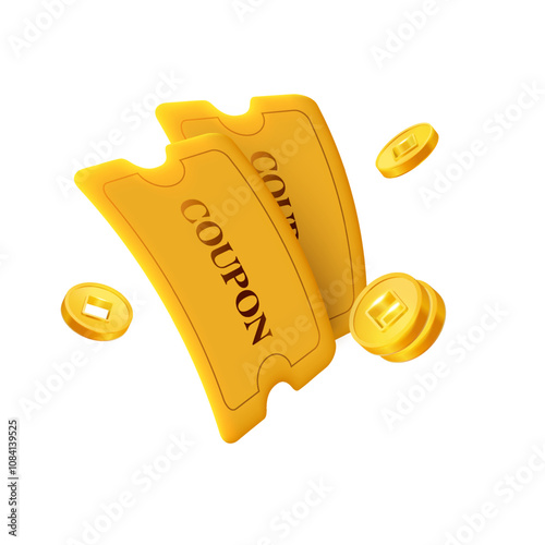 3d flying golden coupon with golden coins, percentage badge or label, isolated on white background. 3d Flying gift voucher icon for cash back event vector illustration. Vector illustration