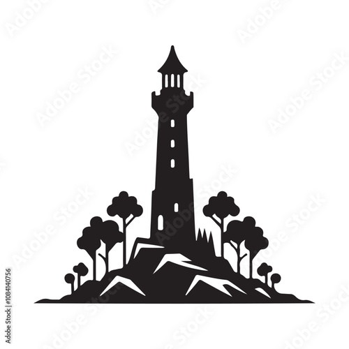 A Majestic Lighthouse Stands Tall on a Rocky Island Under the Moonlight.eps
