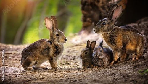 Familia de conejos en el bosque photo