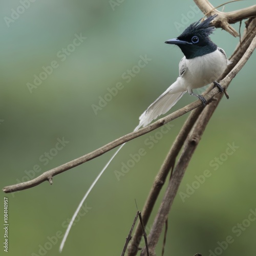 An Indian Paradise flycatcher perched on a branch
