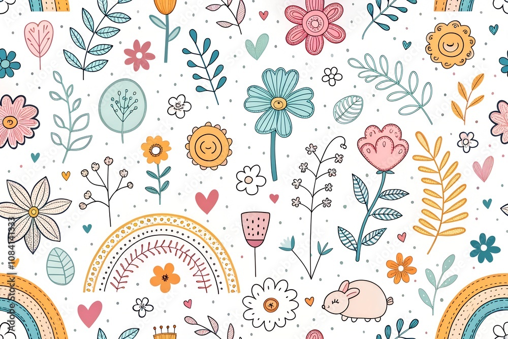 Fototapeta premium Whimsical floral doodle seamless pattern featuring hand-drawn flowers, leaves, and hearts in pastel tones. Ideal for textile, wallpaper, or decorative designs.