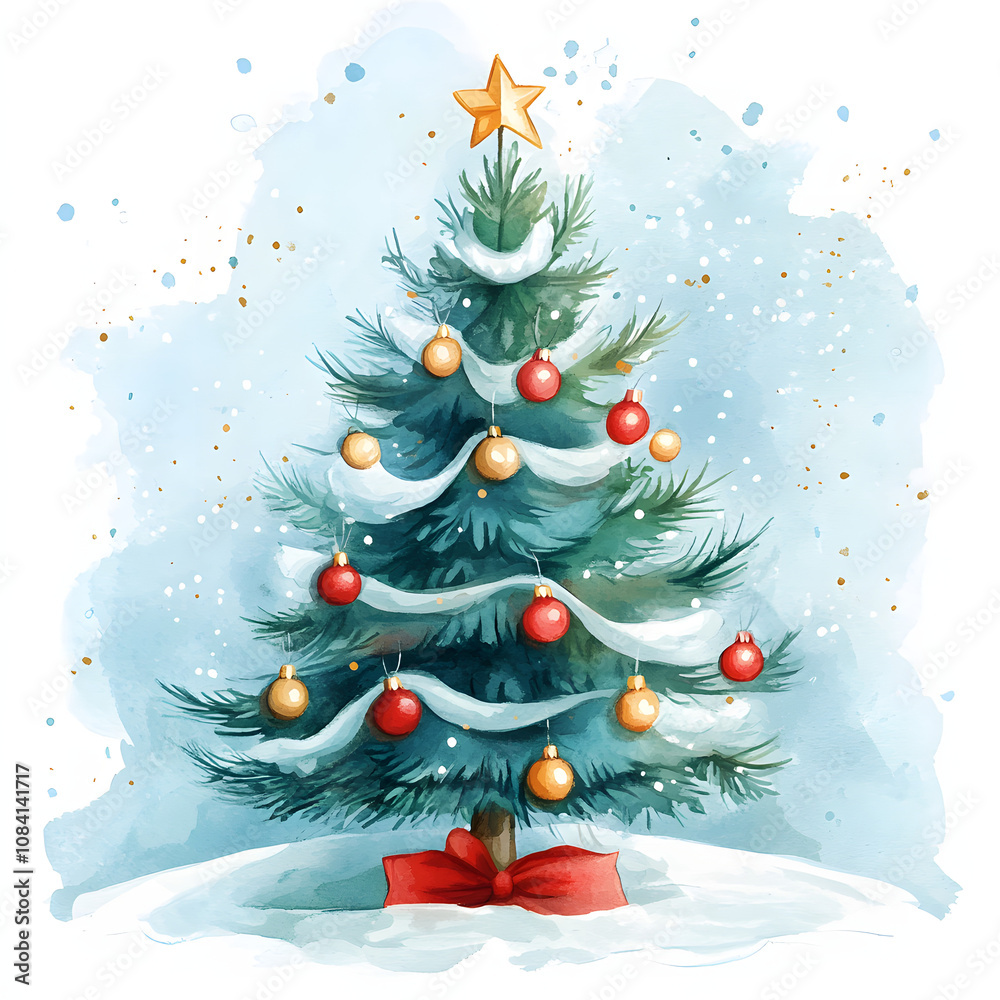 Obraz premium Watercolor Christmas tree with Christmas decorations with golden star on white background