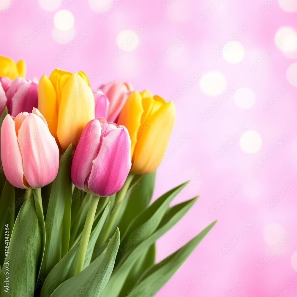 Obraz premium A bouquet of colorful tulips with pink and yellow flowers and green leaves on a pink background with bokeh lights.