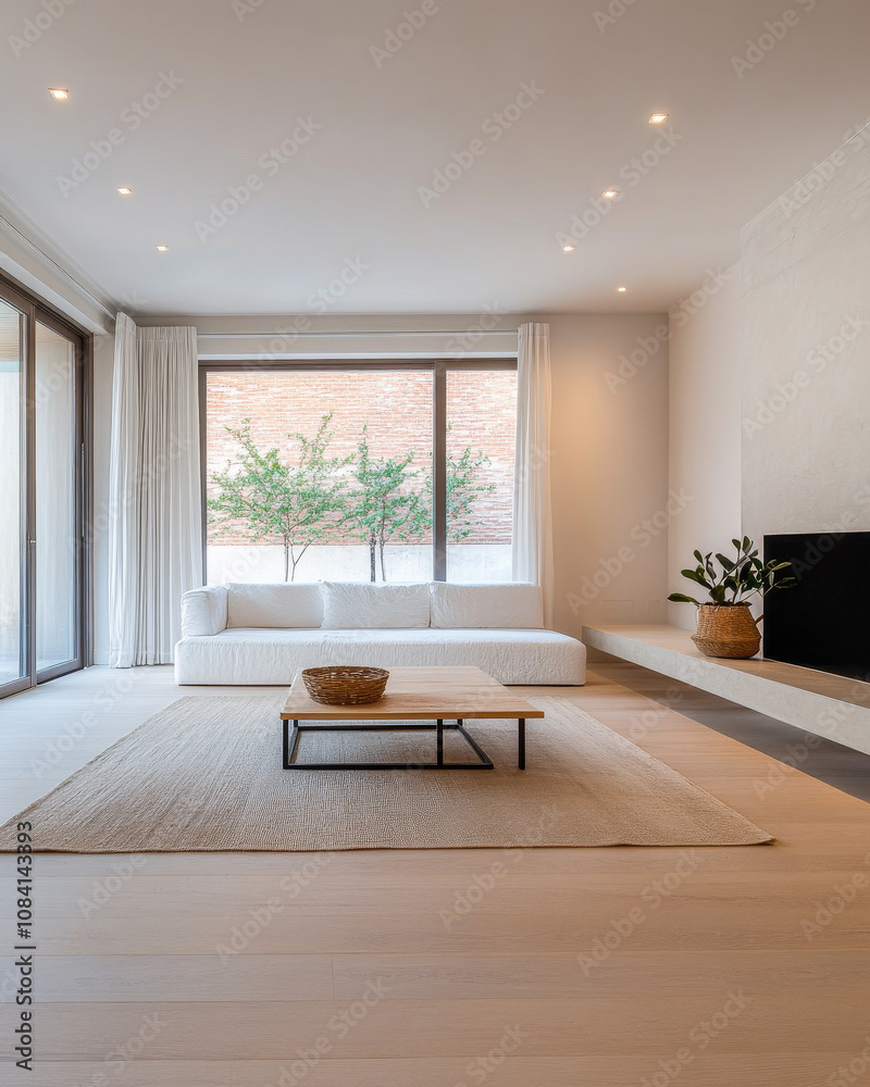 Fototapeta premium Spacious modern living room with natural light and minimalistic decor in a contemporary home