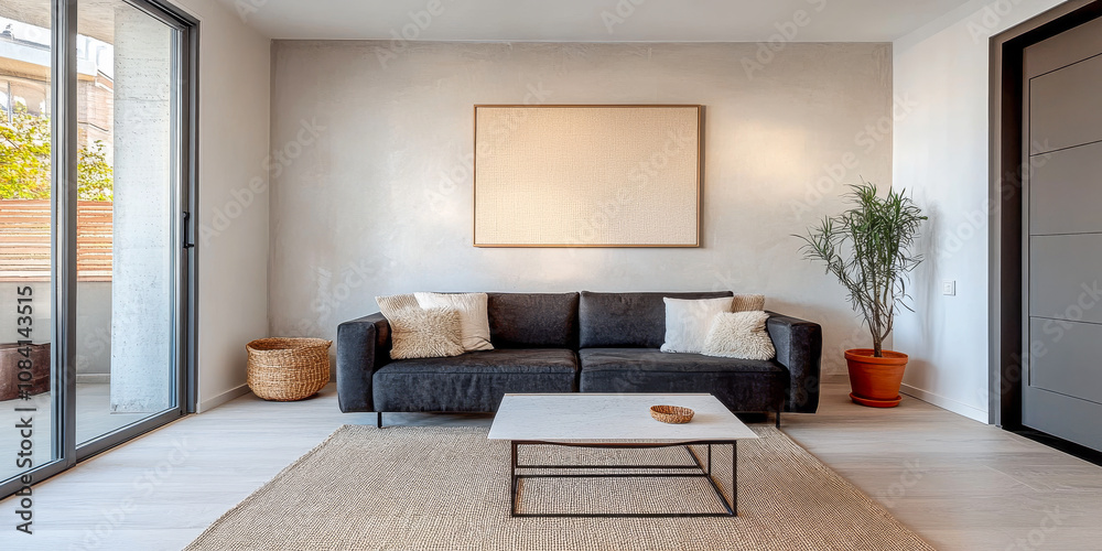 Fototapeta premium Modern living room with stylish sofa natural light and minimal decor in an urban apartment