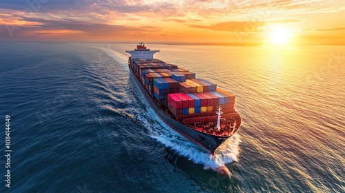 From above, a cargo ship cuts through the waves with the sunlight glistening on the water, showcasing the power of maritime transportation under the vast, open sky.