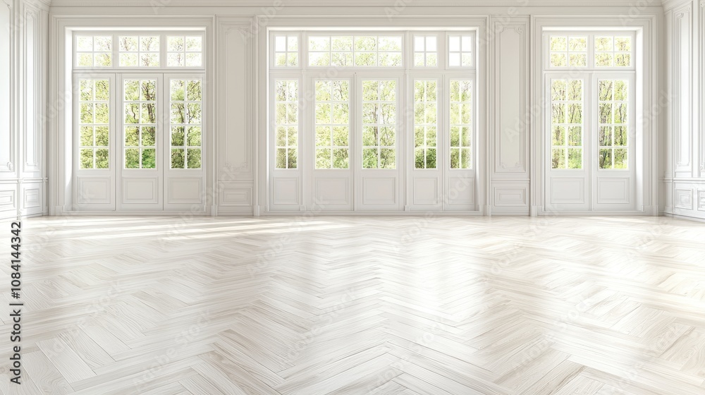 Fototapeta premium Bright and Airy Empty Room with Large Windows, Elegant White Interior Design, and Natural Light Illuminating a Spacious Floor with Herringbone Pattern