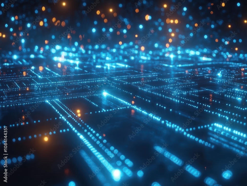 Fototapeta premium The image showcases an abstract background featuring glowing blue lines and a network of interconnected nodes. The composition highlights a dynamic and futuristic theme