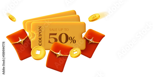 3d stack of golden coupons with lucky money envelope, golden coins flying, isolated on white background. Gift voucher for new year celebration. Cash back gift voucher in 3d vector concept. Vector