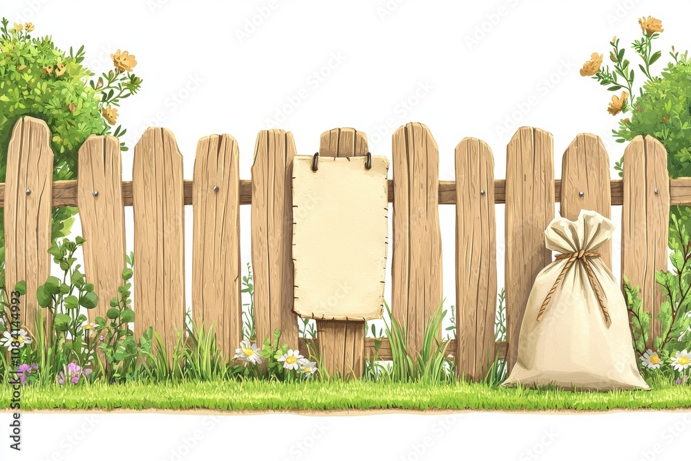 Obraz premium Beautifully Illustrated Garden Fence with Wildflowers, Sack, and Blank Sign for Custom Messages or Decorations in a Charming Nature Setting