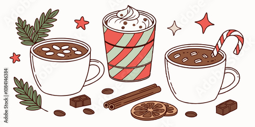  Mugs with winter milk cream cup coffee drinks, Christmas cocoa cinnamon marshmallow vector illustration
