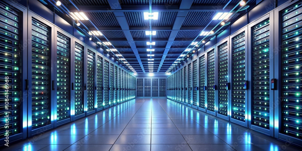 Fototapeta premium Server Room Corridor - 3D Rendered Image of a futuristic server room with glowing lights and a reflective floor. ,Data Center,Server Technology,Cloud Computing