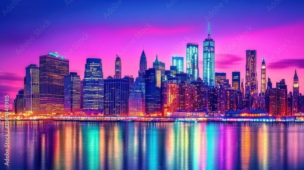 Fototapeta premium Manhattan iconic skyline at dusk, with towering skyscrapers reflecting on the river under a colorful sunset. The city lights begin to twinkle, embodying the heart of New York nightlife.
