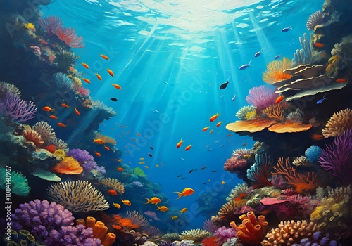 Wallpaper Mural A vibrant coral reef underwater, filled with colorful corals and exotic fish. Sunlight filters through clear water, capturing the lively beauty of marine life in a Fauvist-inspired style.
 Torontodigital.ca