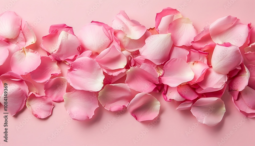Obraz premium Pink rose petals on pink background. Flat lay, top view