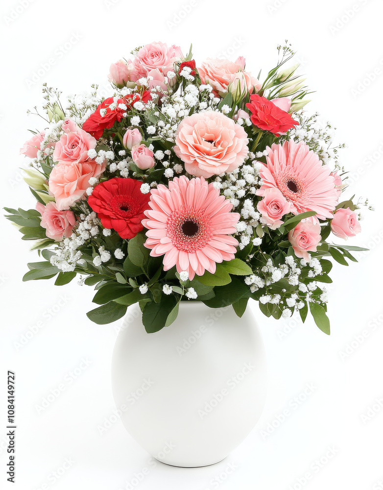 Obraz premium beautiful arrangement of pink gerbera daisies, red roses, and white fillers in white vase, perfect for brightening any space and evoking joy