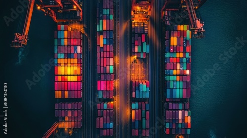 Shipping containers in bold, bright colors stacked neatly at a busy international port, with cranes lifting them onto large cargo ships photo