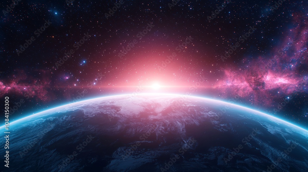 Obraz premium Earth from Above, a breathtaking perspective showcasing the vibrant blue planet surrounded by swirling gas, colorful nebulae, and distant stars in the vast cosmos.