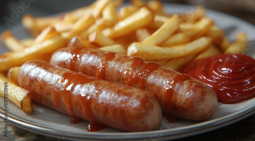 Delicious plate of sausages served with golden fries and ketchup on a wooden ...