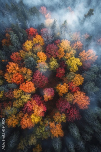 Autumn foliage in vibrant colors over a misty forest landscape in early morni...