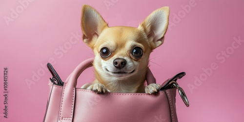 A small chihuahua peeking out of a pink handbag against a vibrant pink backgr...