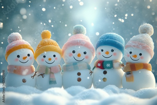 Cheerful snowmen wearing colorful hats and scarves enjoy a snowy day in a win...